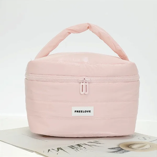 Necessaire Puffer Acolchoada de Viagem Bolsa de Maquiagem Metalizada