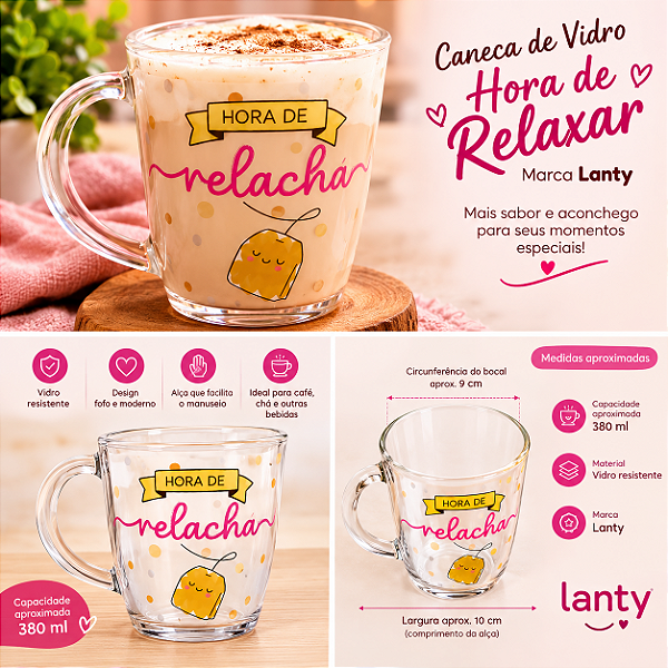 Caneca Relaxa 380ml vidro para bebidas quentes e frias