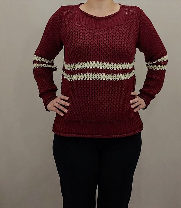 Blusa trico marsala com listras e decote canoa