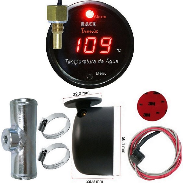 Medidor Temperatura da Água Digital 52mm Display Vermelho COM Sensor TH15 Copo de Sirene e Adaptador de Mangueira para Sensor