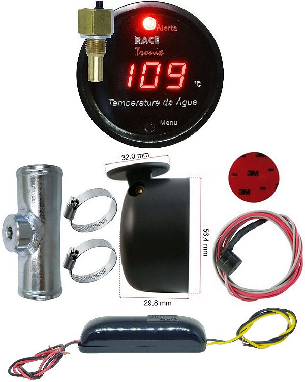 Medidor Temperatura da Água Digital 52mm Display Vermelho COM Sensor TH15 Copo de Sirene e Adaptador de Mangueira para Sensor - 24 VOLTS