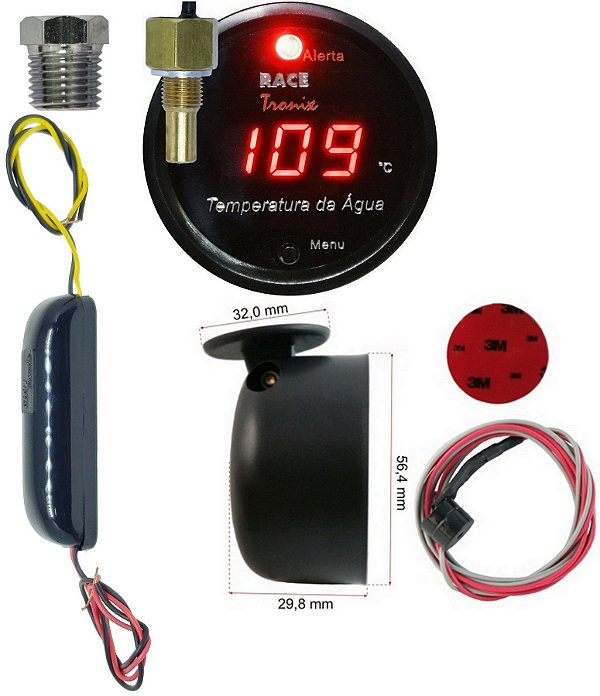 Medidor Temperatura da Água Digital para motor SCANIA 52mm Display Vermelho COM Sensor TH10 Copo de Sirene e Adaptador para Sensor - 24 VOLTS