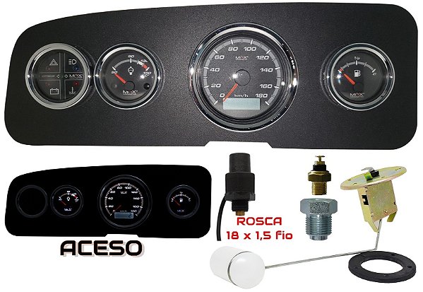 Painel Fusca Itamar / Fafá - Velocímetro 180km/h / Ind. Combustível e Boia de Braço / Term. Oleo com sensor / Sinaleira - Preto/Cromado | MaxCronometer