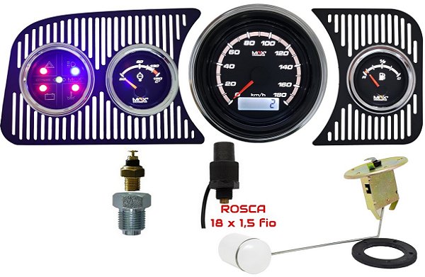 Painel Fusca - Velocímetro 180km/h / Ind. Combustível e Boia de Braço / Term. Óleo com sensor / Sinaleira - Cromado/Preto | Extreme MaxCronometer