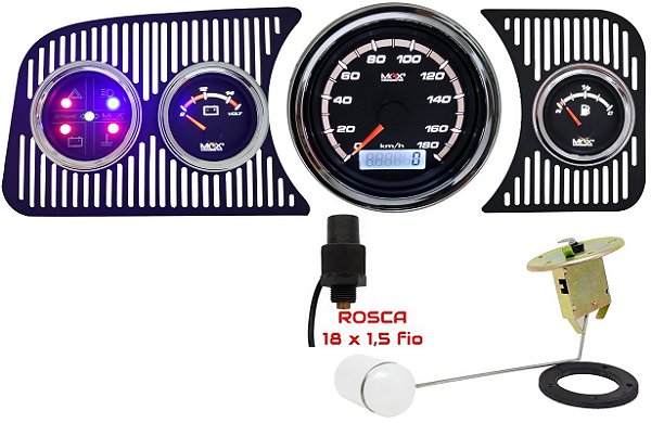 Painel Fusca - Velocímetro 180km/h / Ind. Combustível e Boia de Braço / Voltímetro / Sinaleira - Cromado/Preto | Extreme MaxCronometer