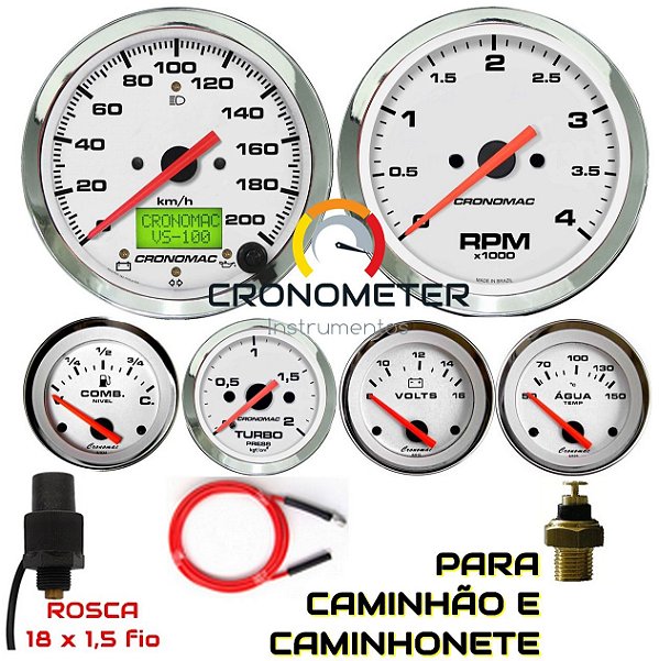 Kit 6 Instrumentos Linha Diesel - Velocímetro Mecânico - Cromado/Branco | Cronomac (403)