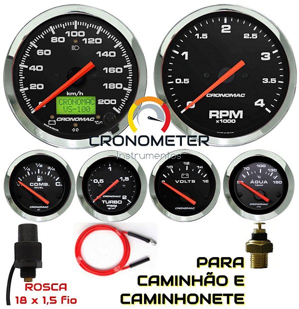 Kit 6 Instrumentos Linha Diesel - Velocímetro Mecânico - Cromado/Preto| Cronomac (403)