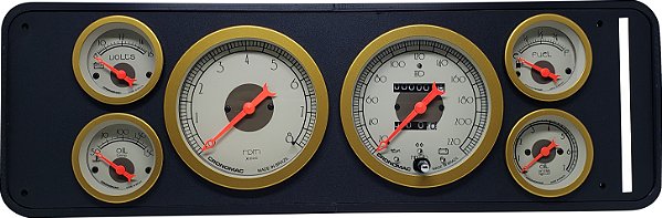 Painel de Kombi com 6 Instrumentos VELOCÍIMETRO C/ SINALEIRA / RPM / NÍVEL DE COMBUSTÍVEL / TEMPERATURA / VOLTÍMETRO / MANÔMETRO ÓLEO - Cronomac | HOT ROD GOLD