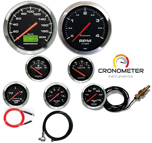 Kit 7 Instrumentos Linha Diesel - Velocímetro Eletrônico e Termômetro Mecânico e Manômetro Óleo - Cromado/Preto| Cronomac (408)