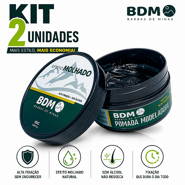 Pomada Modeladora Masculina Efeito Molhado 80g Kit 2 Unidades Brilho Natural Fixação Média
