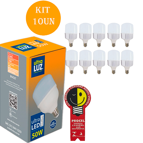 Kit 10 Lâmpadas Bulbo de 50W Utra Luz 6500K INMNETRO E-27