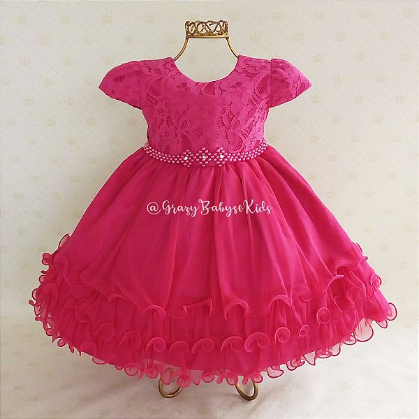 Vestido Infantil Festa Pink com renda no busto pérolas sintéticas na cintura e lação nas costas