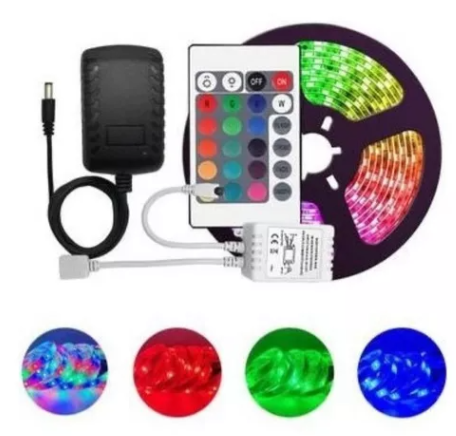 Fita LED RGB com controle e fonte 12V - 3528 rolo de 5 metros