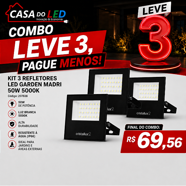 Kit 3 Refletores LED Garden Madri 50W 5000K IP66