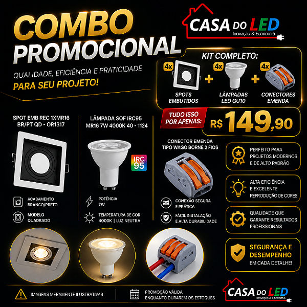 Kit 4 Spots Embutidos MR16 + 4 Lâmpadas LED 7W 4000K + 4 Conectores