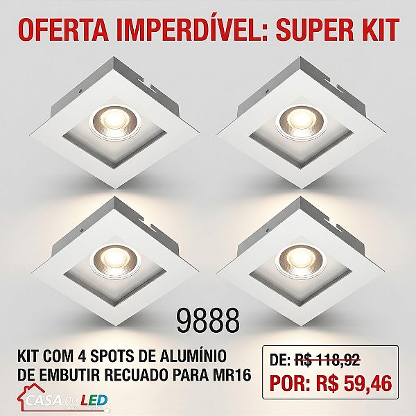 Kit 4 Spots de Alumínio de Embutir Recuado Quadrado para MR16 Branco