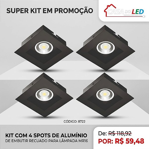 Kit 4 Spots de Embutir Recuado Quadrado Alumínio Preto para Lâmpada MR16 / GU10