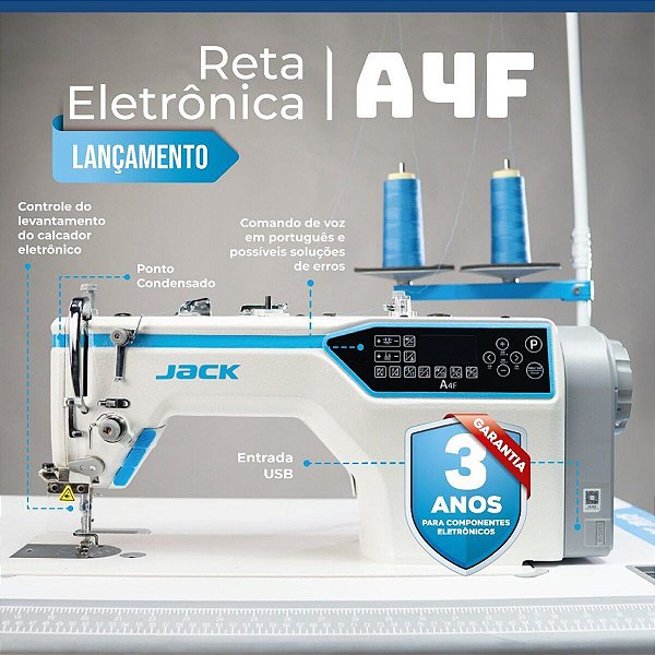 MAQUINA DE COSTURA RETA ELETRONICA JACK A4F-7 PONTO 7 MM COM MOTOR DE PASSO PARA AJUSTE DO DENTE  E CALCADOR + KIT DE CALCADORES E LUMINARIA DE LEED