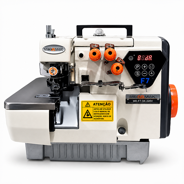 Máquina Overloque Industrial Megamak F7-3X 220V Direct Drive 3 Fios com Pés e Mesa Montados