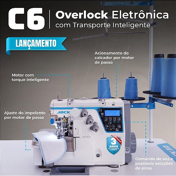 MAQUINA OVERLOQUE 3 FIOS ELETRONICA INTELIGENTE JACK C6-3-02/233X -  220 V COM PÉS E MESA MONTADOS