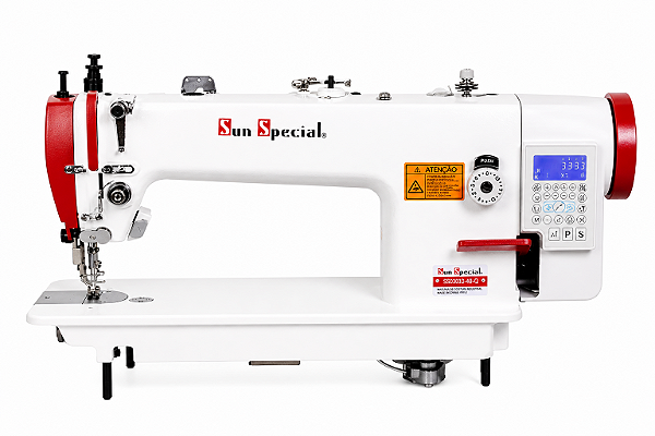 Máquina de Costura Industrial Transporte Duplo Eletrônica Sun Special SS03-033-D4-H-FT-Q1 33 220V Ponto 8mm + Kit de Calcadores, Luminária LED e Cadeira