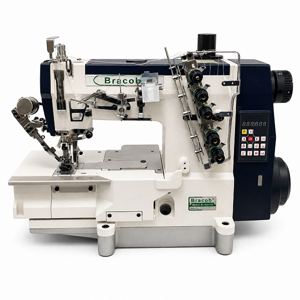 MÁQUINA GALONEIRA INDUSTRIAL ELETRÔNICA BRACOB BC-588-01CB AT EUT 3 AGULHAS 5 FIOS DIRECT DRIVE 220V COM PÉS E MESA DESMONTADOS