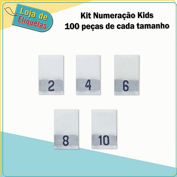 Kit de Etiquetas Bordadas Numeração Kids 2, 4, 6, 8 e 10 fundo branco (100pçs de cada)