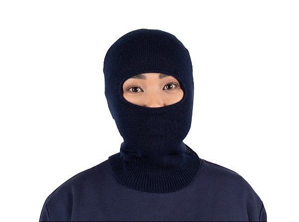 Capuz azul em lã acrílica para baixa temperatura