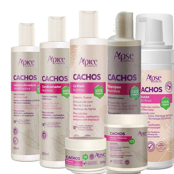 Kit Tratamento Completo Linha Cachos Apice 7 Itens(Shampoo Cachos 300ml; Co Wash Cachos 300ml; Condicionador Cachos 300m