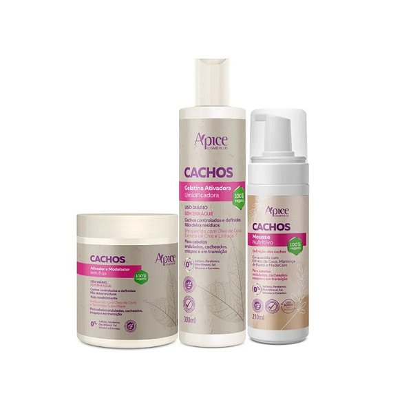 Apice Cachos Finalizadores Kit Ativador 500gr, Gelatina 300ml  e Mousse 210ml