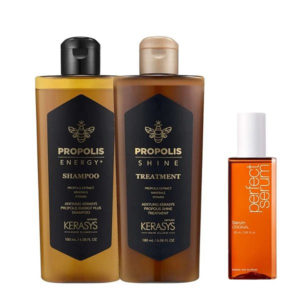 Kerasys Kit Korean Trio Propolis Shine Sh180ml + Tratamento 180ml + Perfect Serum 30ml