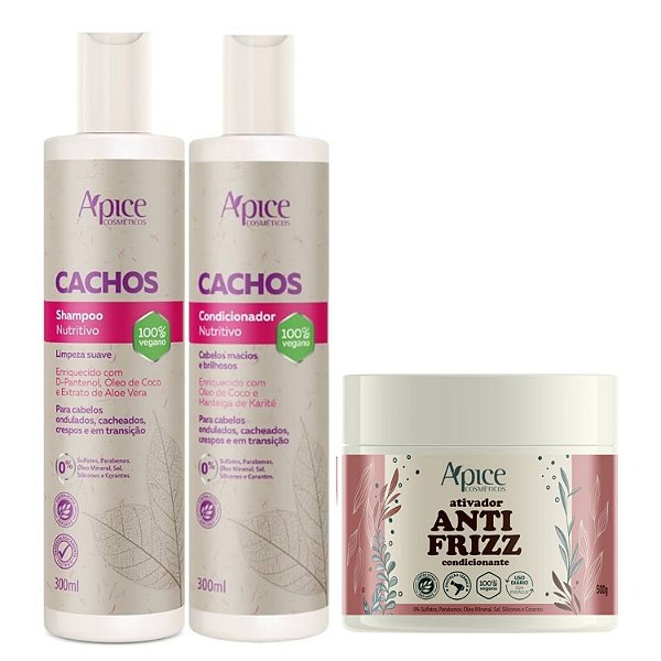 Apice Trio Shampoo e Condicionador Cachos 300ml + Ativador Anti Frizz 500gr