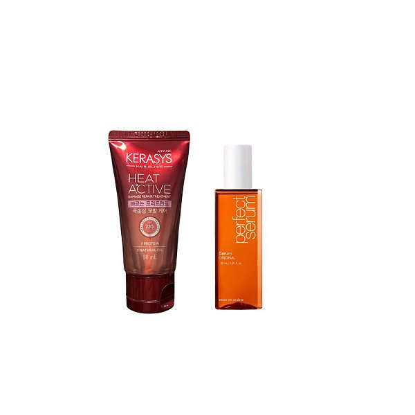 Kerasys e Mise Scene (Leave in Heat Active Damage 50ml + Óleo Perfect Sérum 30ml)