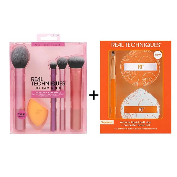 Real Techniques Kit (Esponjas Puff Miracle + Pincel 1524 + Kit Everyday Essentials 1786)