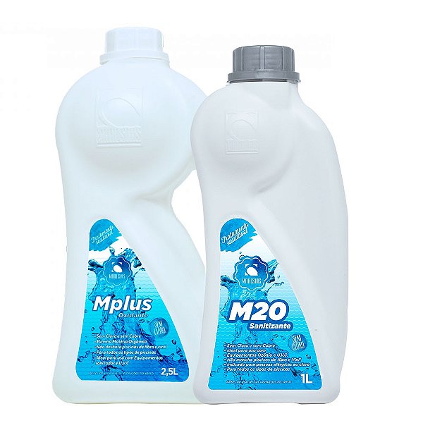 Kit p/ Tratamento de Piscina s/ Cloro: MPlus Oxidante 2,5L e M20 Sanitizante Maresias 1L