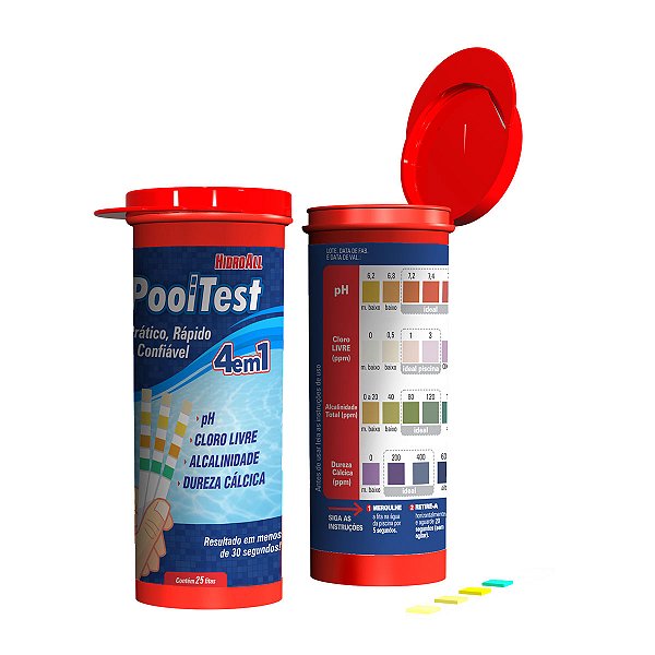 Fita Teste pH Para Piscina Hidroall Pooltest 4 Em 1 Com 25 Tiras
