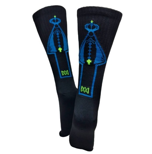 Meia Cano Alto Divertida Rota da Fé Aparecida em Poliamida - Preta