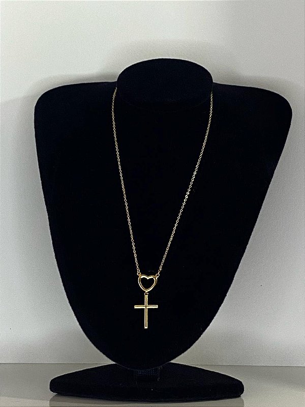 Corrente com coração e cruz feminina banhado ouro 18k