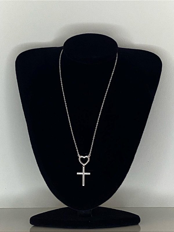 Corrente com coração e cruz feminina banhado prata