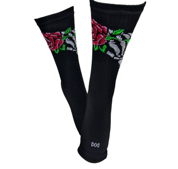 Meia Cano Médio Divertida Mão com Rosa em Poliamida