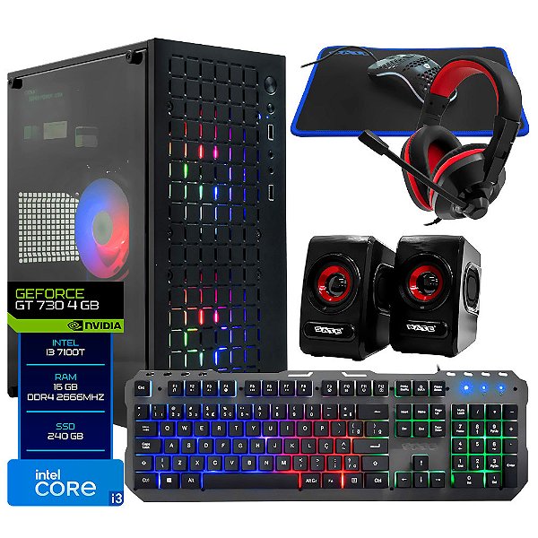 PC Montado Gamer Intel Core i3 6100T de 3.4GHz / 16GB de RAM / 240GB SSD / GeForce GT730 4GB + Kit Gamer - Preto