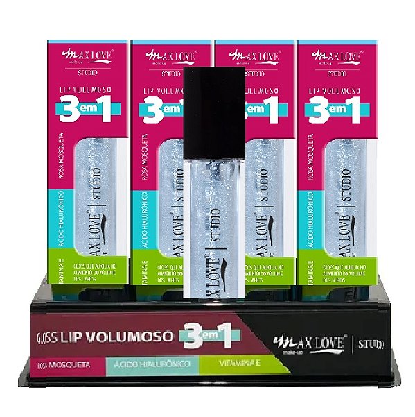 Max Love - Lip Gloss Volumoso Incolor 3 em 1 - 300  - 32 Unid ( Validade 12/24 )