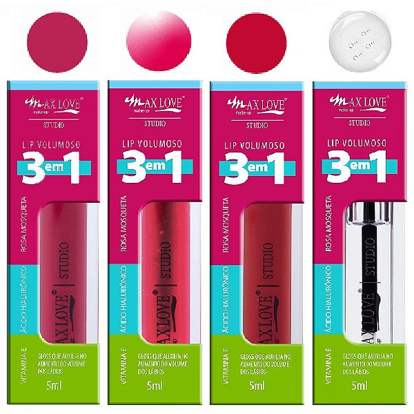 Max Love - Lip Gloss Volumoso 3 em 1 Kit C/4 Unid Sortido