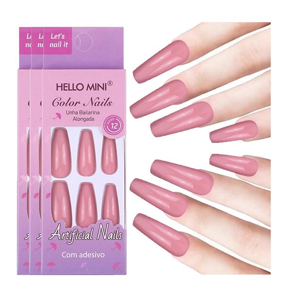 Hello Mini - Unha Postiça Bailarina Alongada ROSA - 12 Und