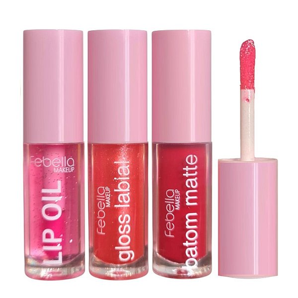 Febella - Kit 3 em 1 Lip Oil, Gloss e Batom Boca Linda - Cor 04