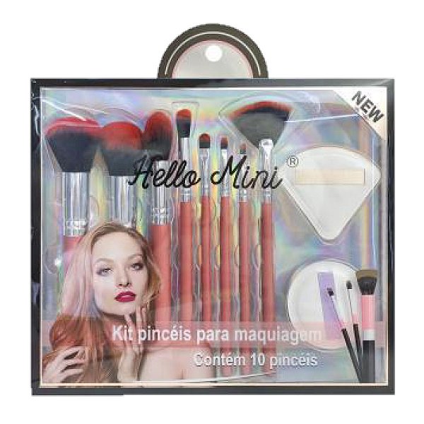 Hello Mini - Kit 8 Pinceis e 2 Esponjas S001 - Rose Vermelho