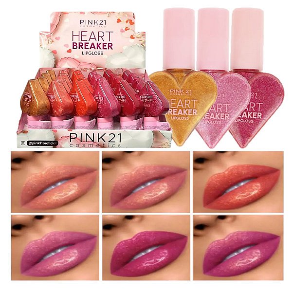 Pink 21 - Lip Gloss Heart Coração Glitter CS3696 A - 24 Und