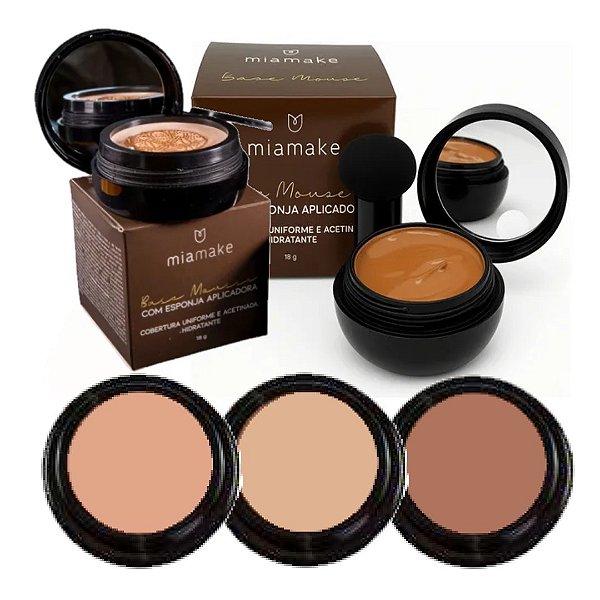 Mia Make - Base Mousse c/ Esponja e Espelho Escuro - 3 Und