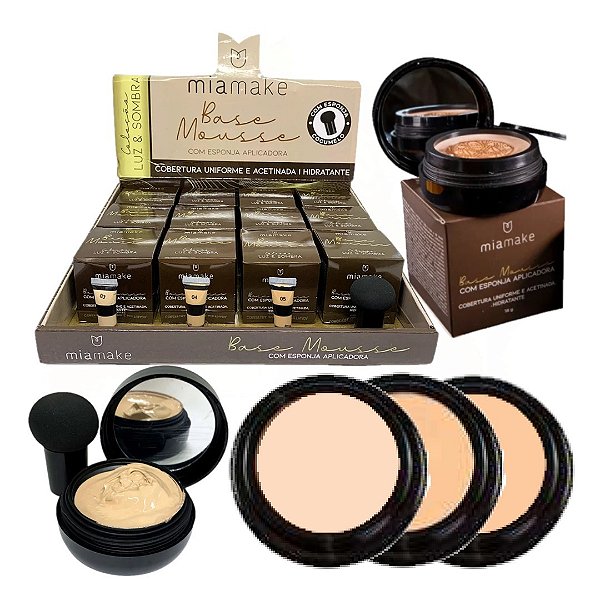 Mia Make - Base Mousse c/ Esponja e Espelho Medio - 12 Und
