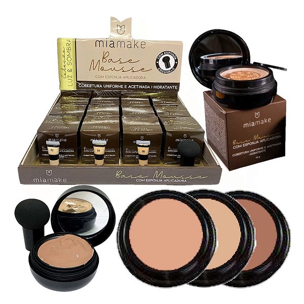 Mia Make - Base Mousse c/ Esponja e Espelho Escuro - 12 Und